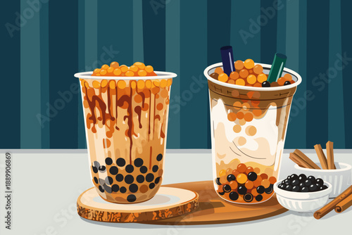 Two glasses of refreshing boba milk tea served with cinnamon sticks and ingredients on a table.