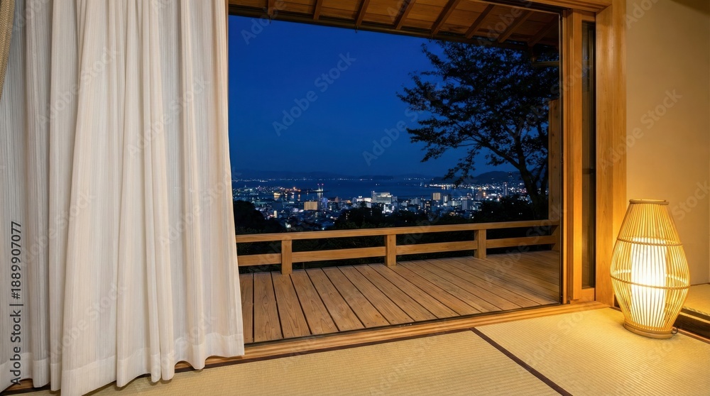 Obraz premium Online Presentations Backdrop, Video Conferencing, Zoom Virtual Meetings Backgrounds, Japanese Tatami Room, Night City View, Modern Zen Interior, Peaceful Evening Atmosphere, Home Office, Copy Space