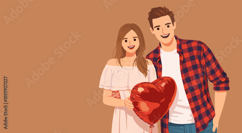 Couple standing together against a warm background while holding a red heart symbol and smiling.