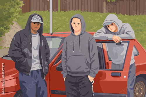 Three friends standing together by a red car wearing casual hoodies and looking confident outdoors.