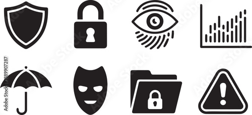 Security icons set featuring locks, shields, keys, cameras, and protection symbols. Minimal isolated vector icons ideal for cybersecurity, safety, and privacy designs.