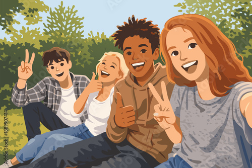 Friends taking a fun selfie together while smiling and making hand signs outdoors in the sun.