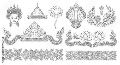 Traditional Thai Temple Architecture and Ornamental in Black and White Line intricate patterns