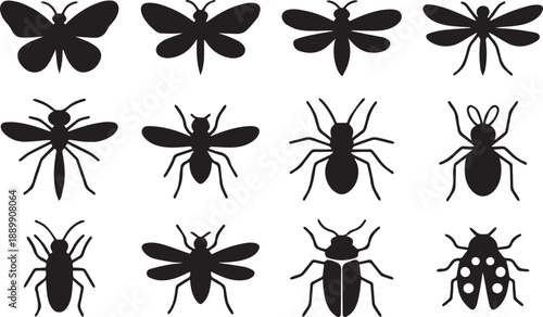 Insect icon set featuring generic insect shapes in clean vector style. Minimal isolated design ideal for nature, biology, ecology, education, and environmental concept projects.