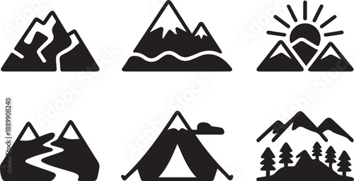 Mountain icons set featuring peaks, hills, and landscape symbols. Clean minimal vector icons, isolated, ideal for travel, adventure, nature, hiking, and outdoor design projects.