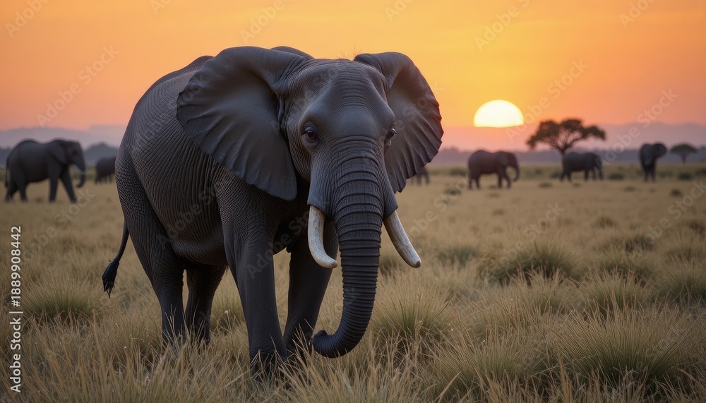 Fototapeta premium Elephant walking in savannah during sunset with herd in background