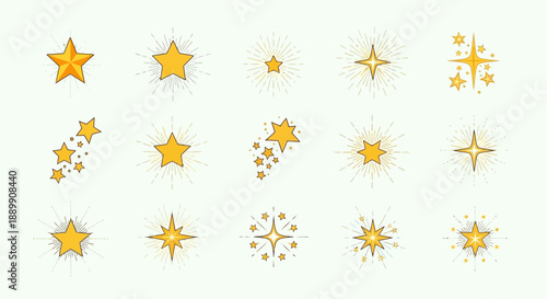 Variety of gleaming yellow star icons with radiating lines, perfect for festive designs