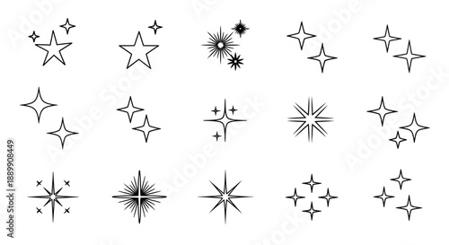 Collection of assorted hand drawn starbursts and star shapes radiating with celestial flair