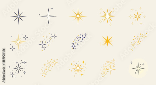 Assorted celestial starbursts and sparkles in various arrangements and golden shades isolated on a