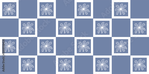 Daisy flower vector seamless surface pattern design. Blue vintage geometric background of floral elements. Hand drawn print of sketch chamomile plant for fabric, home decor, packaging, linen