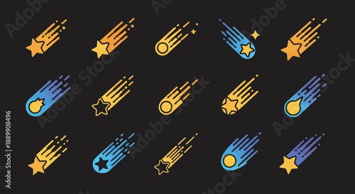 Assortment of colorful shooting star icons on a black background forming a seamless pattern