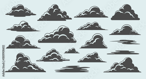 Monochrome cloudscape compilation, a collection of various fluffy cumulus cloud illustrations
