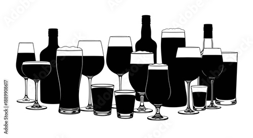 Elegant selection of assorted alcoholic beverages in different glasses and bottles