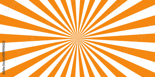 An abstract orange sunburst background features bright yellow sun rays and radial sunbeams in a vector illustration design that captures a sunny summer sunrise starburst explosion pattern