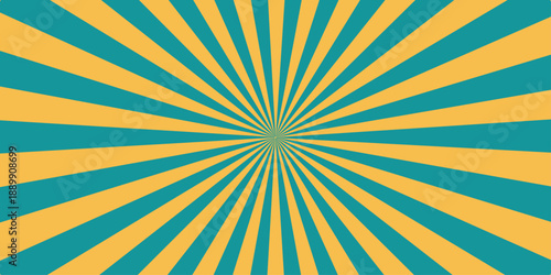 A vibrant retro sunburst background features a vintage vector design with yellow and orange rays, a grunge paper texture, and blue swirl lines for a stylish wallpaper backdrop