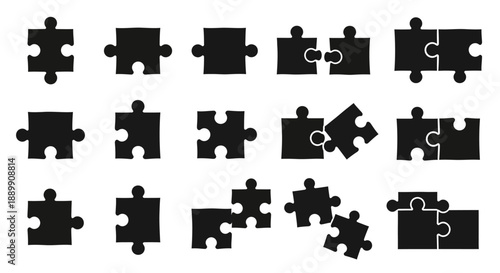 Collection of black puzzle pieces showcasing problem solving and connection concepts on a white