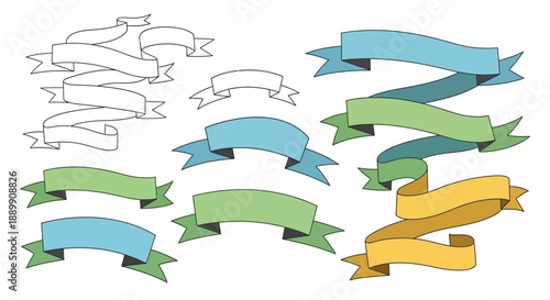 Assorted hand-drawn style banner ribbons in various colors and states of completion over white