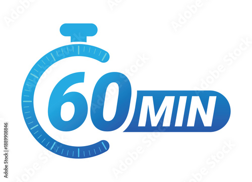 Sixty minutes countdown timer with stopwatch symbol on white background. Clean modern vector logo illustration for productivity and time management.