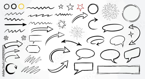 Hand-drawn elements collection featuring arrows, circles, speech bubbles and decorative accents