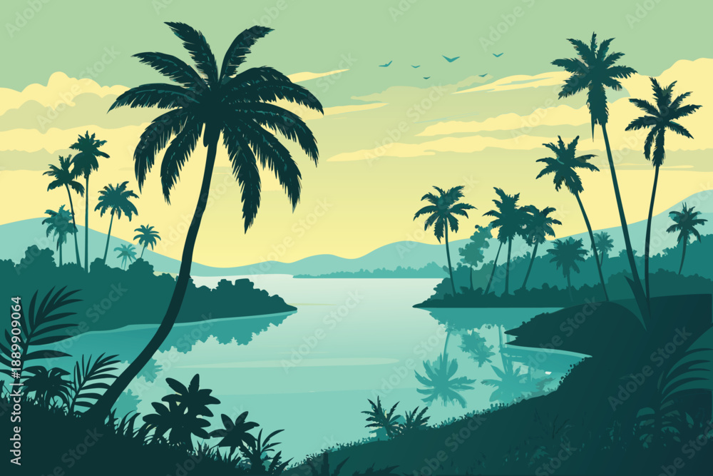 Obraz premium Tropical Lagoon Palm Silhouettes