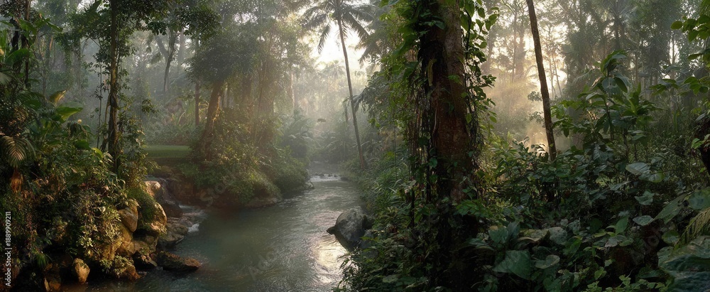 Fototapeta premium Lush tropical river flowing through a dense rainforest