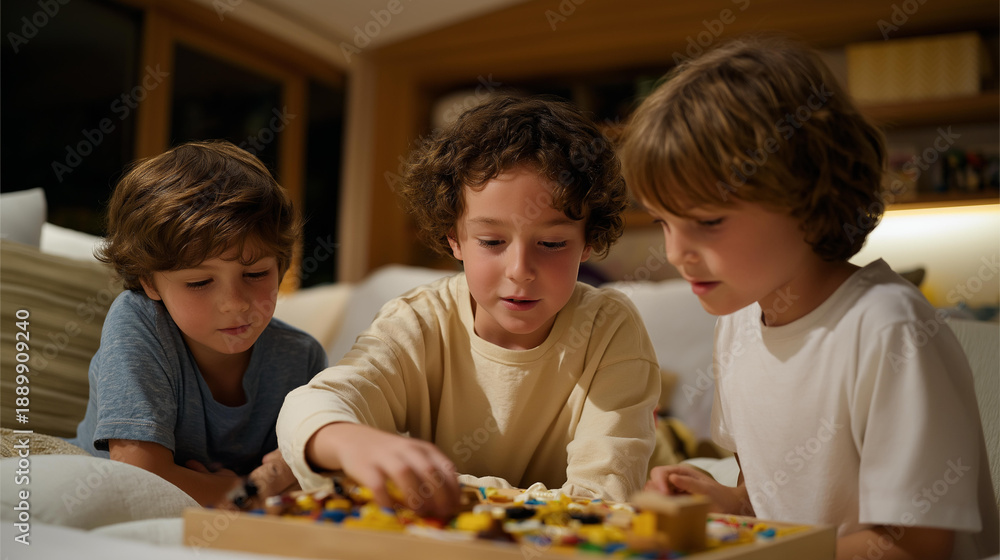 Obraz premium A dynamic children's playroom is filled with interchangeable toys, emphasizing creativity and imaginative play through various configurations that promote learning and entertainment. cinematic