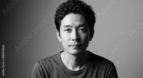 落ち着いた表情と知的な雰囲気が漂う、緩めパーマが似合う40代日本人男性のモノクロポートレート