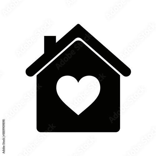 A black house icon with a heart symbol on a white background