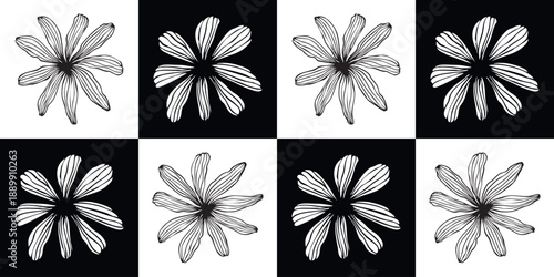  Daisy flower vector seamless pattern on checkerboard background. Black white vichy geometric ornament of floral elements. Groovy hand drawn print of line chamomile plant for fabric, towel, tablecloth