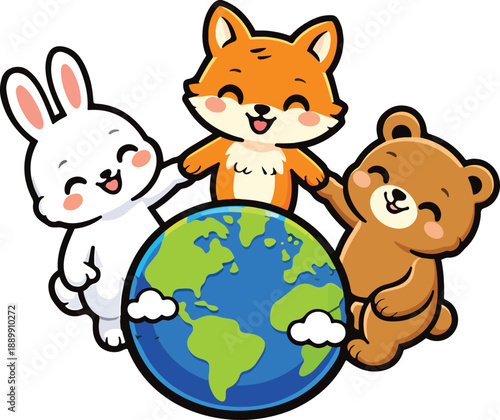 Cute Animals Hugging Earth Eco Cartoon Illustration