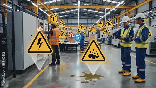 Factory Safety Hazards - video showing workers in a factory with various hazard symbols overlayed, including electrical hazards, slippery surfaces, and falling objects.