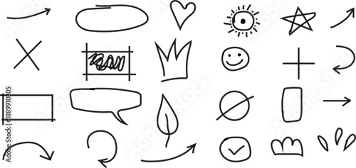 A collection of 20 hand drawn doodle icons and symbols