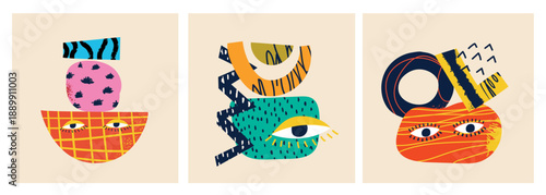 Abstract Modern Faces with Geometric Shapes and Surreal Eyes Vector Se