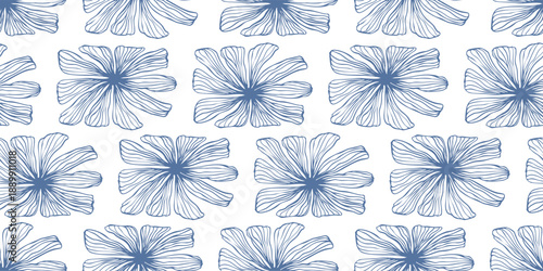 Daisy flower seamless pattern at Scandinavian Style. Background of blue floral elements. Botanical print of vector illustration sketch chamomile plant for fabric, home decor, linen, wrapping paper
