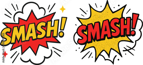 Comic Pop Art Smash Sound Effect Vector Illustration, Cartoon Explosion Bubbles with Action Text for Graphic Design