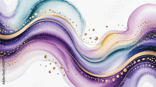 Dreamy Abstract Watercolor Background with Fluid Purple and Teal Waves, Elegant Gold Accents, and Artistic Texture for Luxury Design Projects