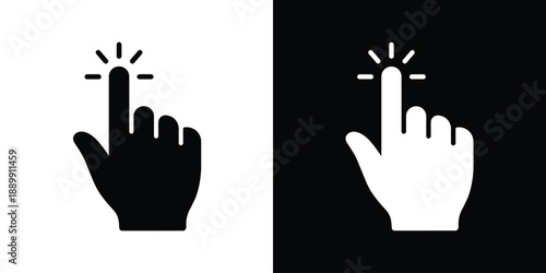 High-quality vector illustration of a hand cursor clicking. Minimalist black and white finger pointer icon for website interface, apps, and digital touch screen navigation.