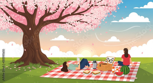 Family Having Picnic under Cherry Blossom Tree during Spring