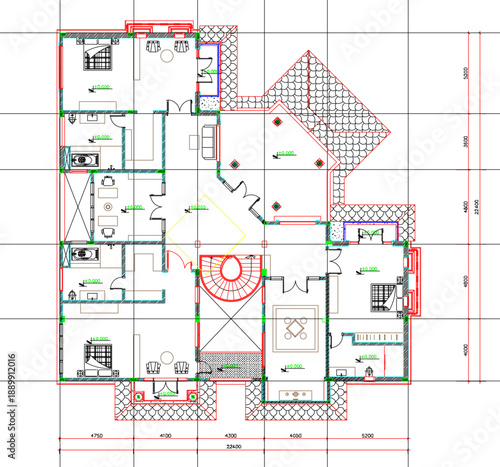 Vector sketch illustration silhouette design architectural engineering drawing site plan layout of classic vintage luxury multi-storey house building with interior and size scale.