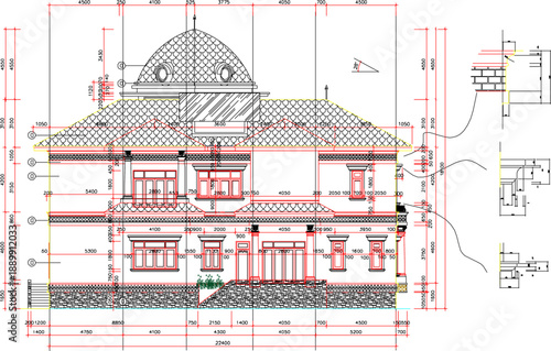 Vector sketch illustration silhouette design architectural engineering drawing section view facade of a classic vintage luxury multi-storey house with interior and scale size 