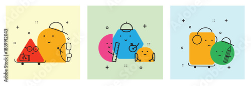 Cute Geometric Shapes Characters Back to School Concept Illustrations Set