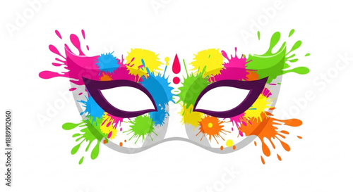 Colorful Carnival Mask with Paint Splatters Isolated on White Background