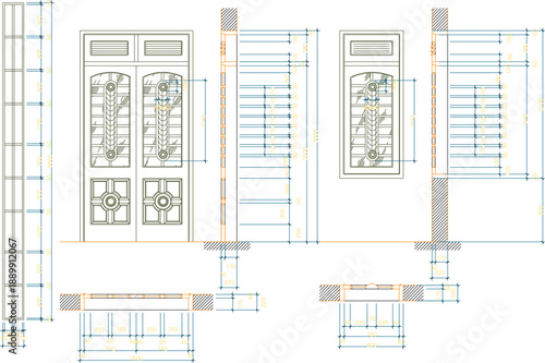 Vector sketch illustration silhouette design architectural engineering drawing of door frame window of simple multi-storey house building with interior and scale size 