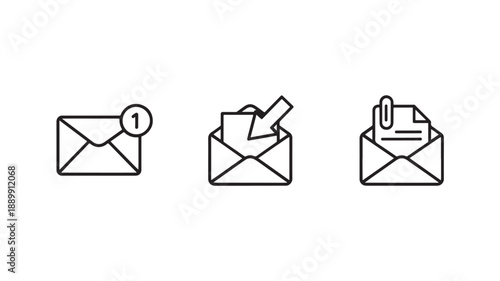 Envelope Icons in Minimalist Line Art with Black Color on White Background for Digital Communication