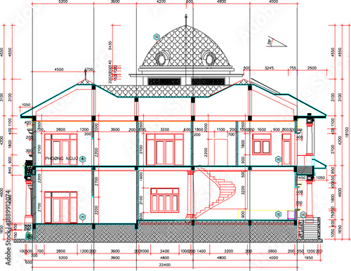 Vector sketch illustration silhouette design architectural engineering drawing section view facade of a classic vintage luxury multi-storey house with interior and scale size