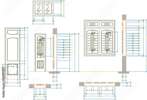 Vector sketch illustration silhouette design architectural engineering drawing of door frame window of simple multi-storey house building with interior and scale size
