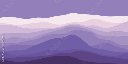 Mountain panorama with purple gradient, transparent waves, abstract colored glass shapes, modern background, flat design mountain illustration.