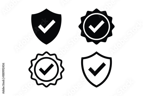 A set of security icons featuring checkmarks and shields on a white background