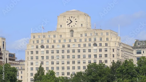 The imposing white stone facade of the Shell Mex House along the River Thames in London