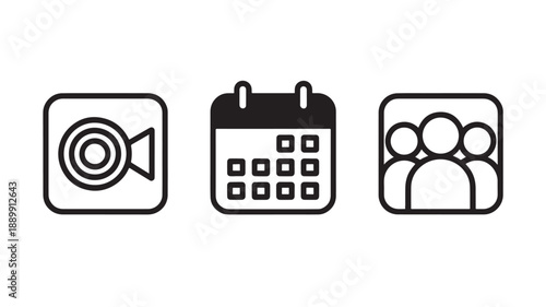 Simple icons for target audience scheduling in minimalist black line art on white background for web design